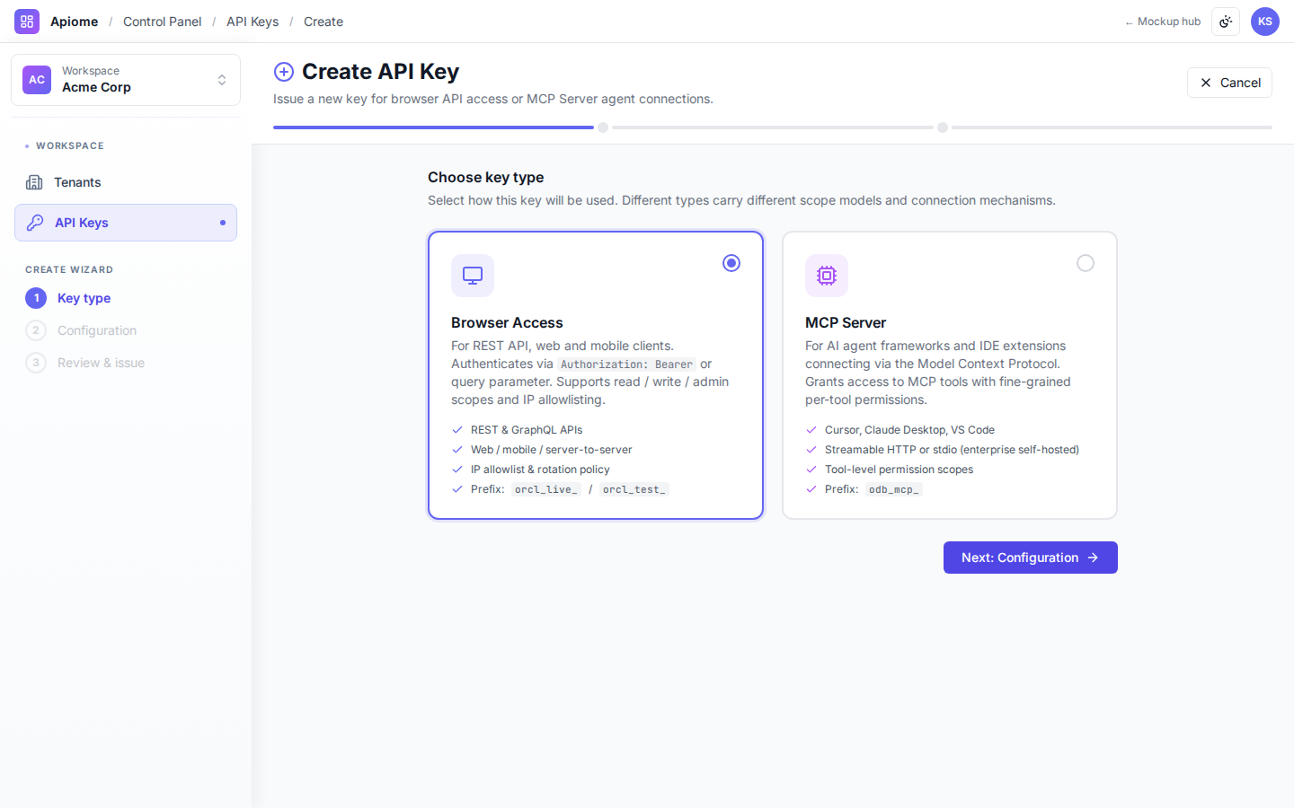 API Keys — Create key wizard