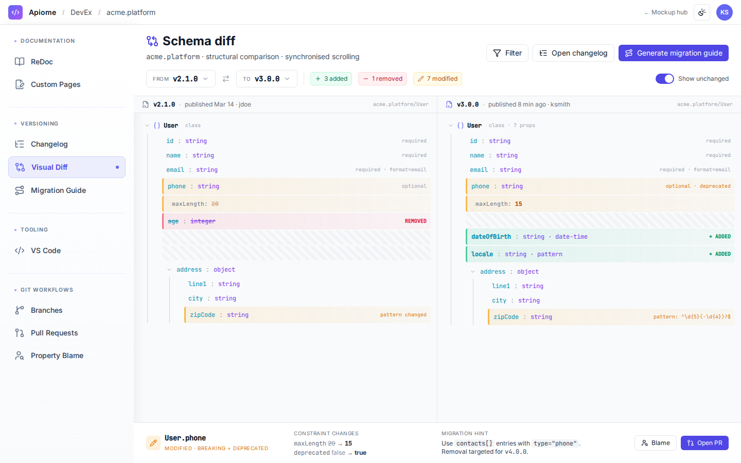 DevEx — Visual schema diff