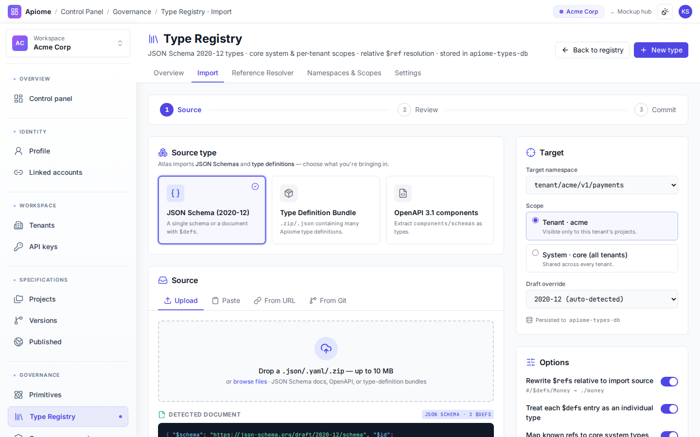 Governance — Type import wizard