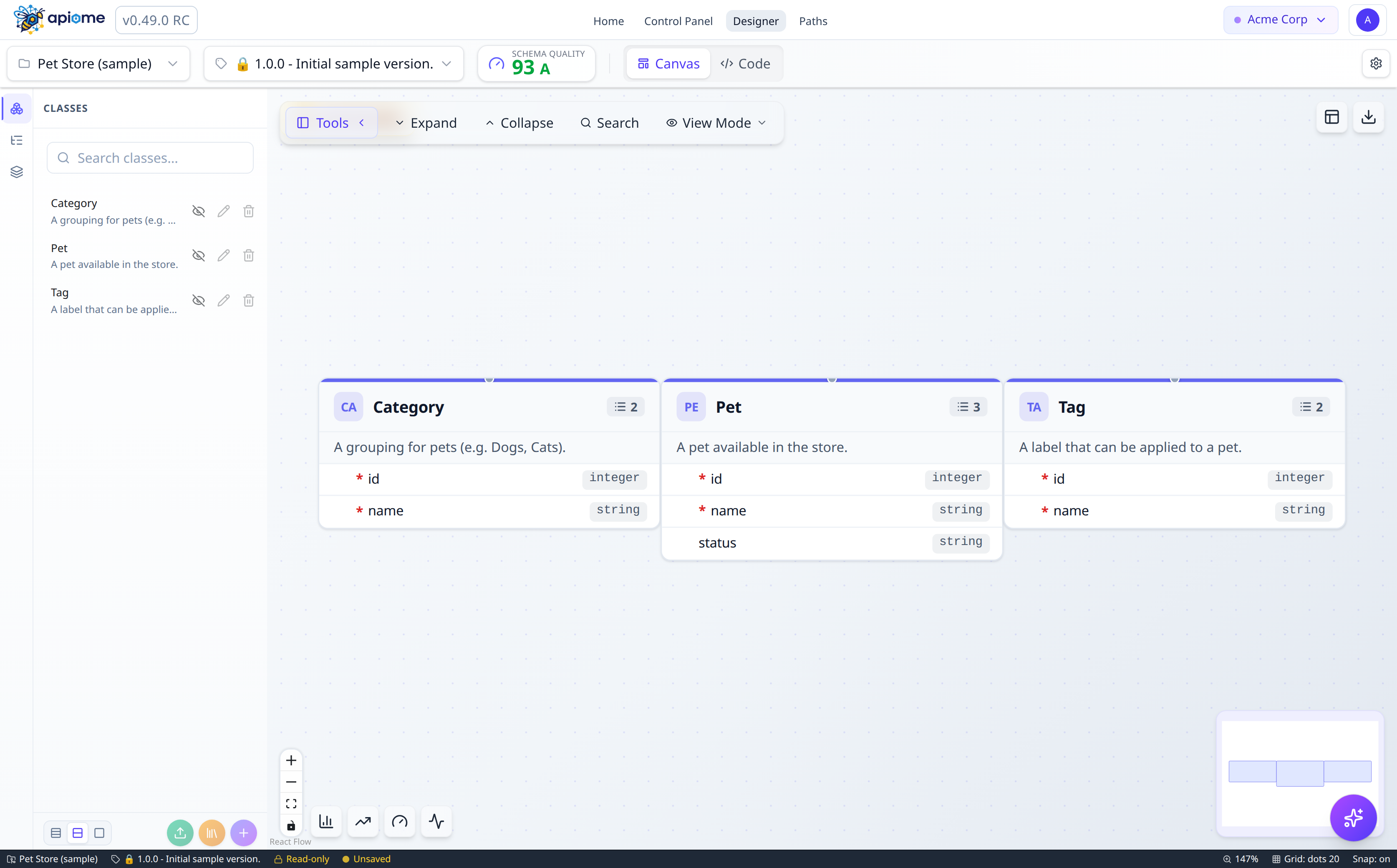 Visual Schema Designer canvas showing drag-and-drop classes, relationships, and auto-layout