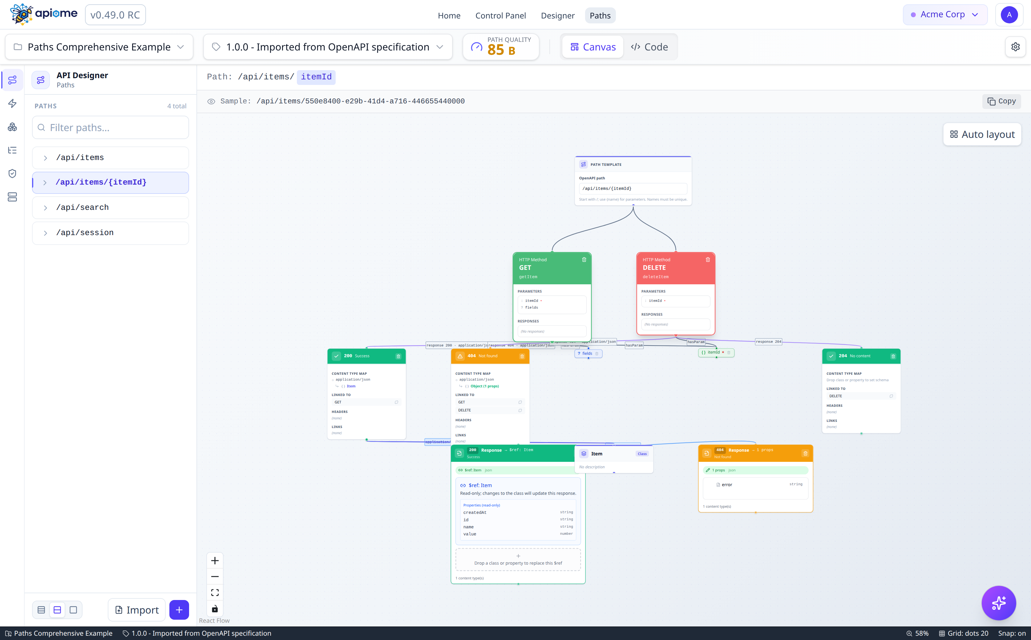 Paths Designer showing HTTP operations, parameters, and response schema binding