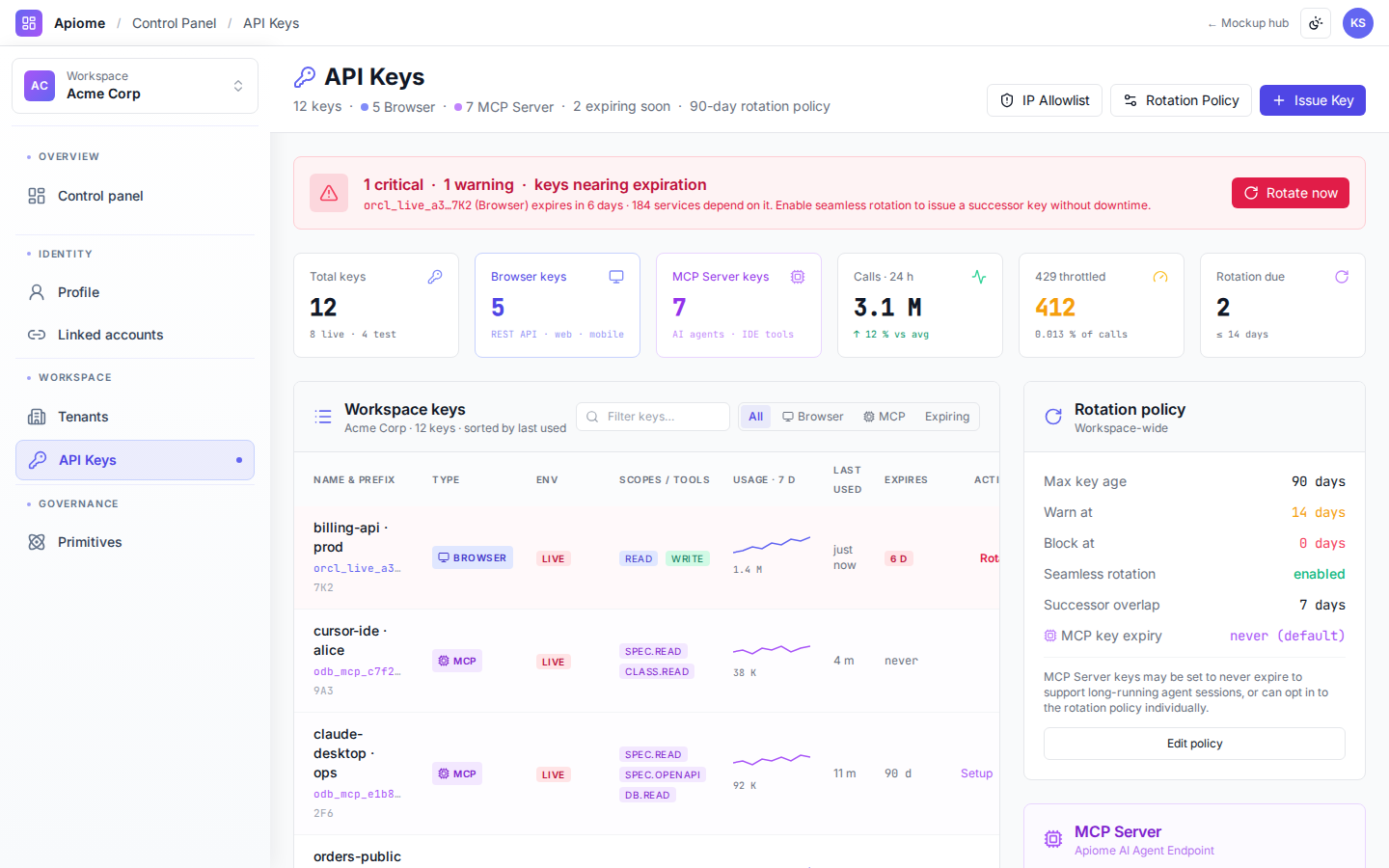 Apiome API Keys preview