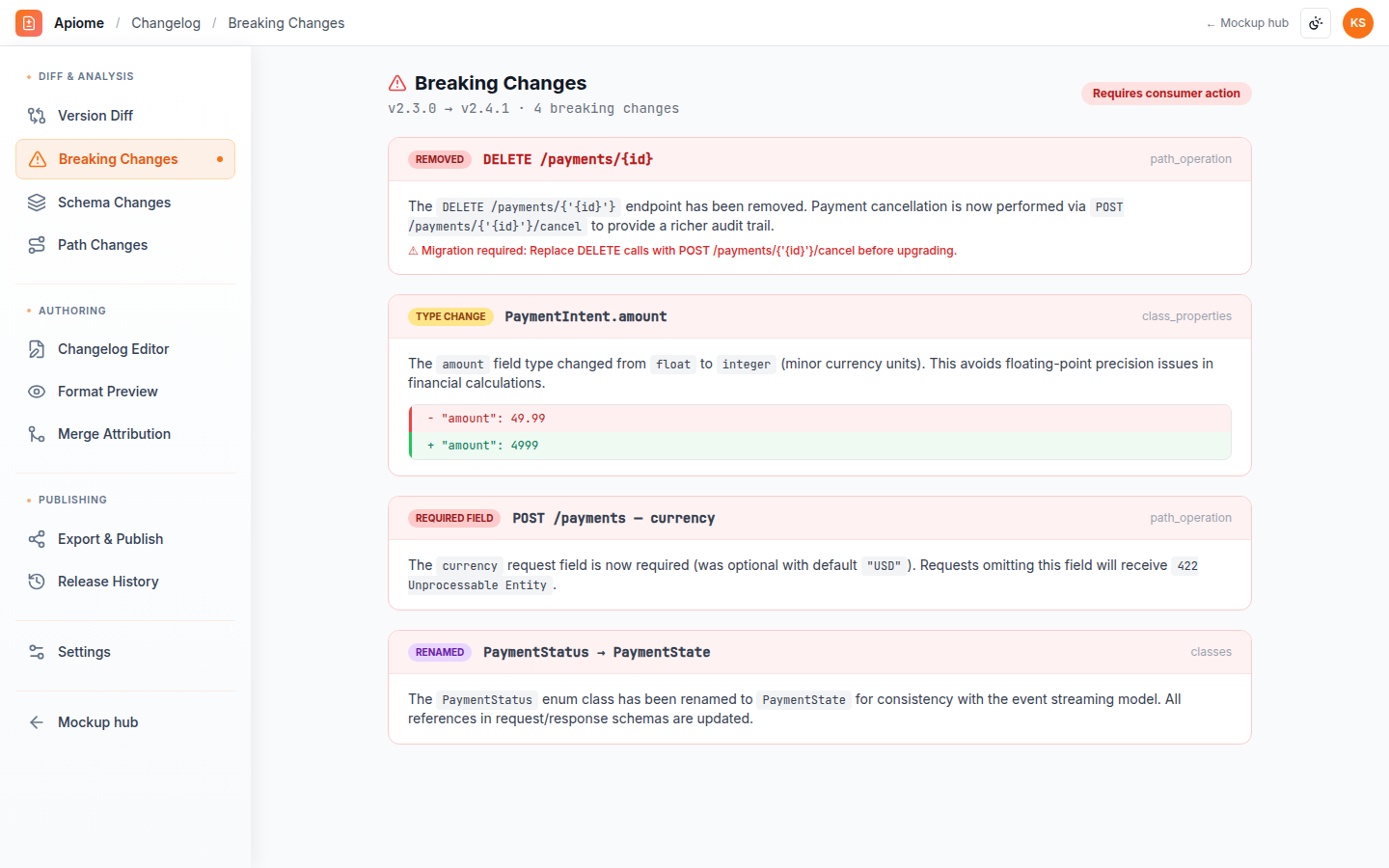 Changelog — Breaking changes