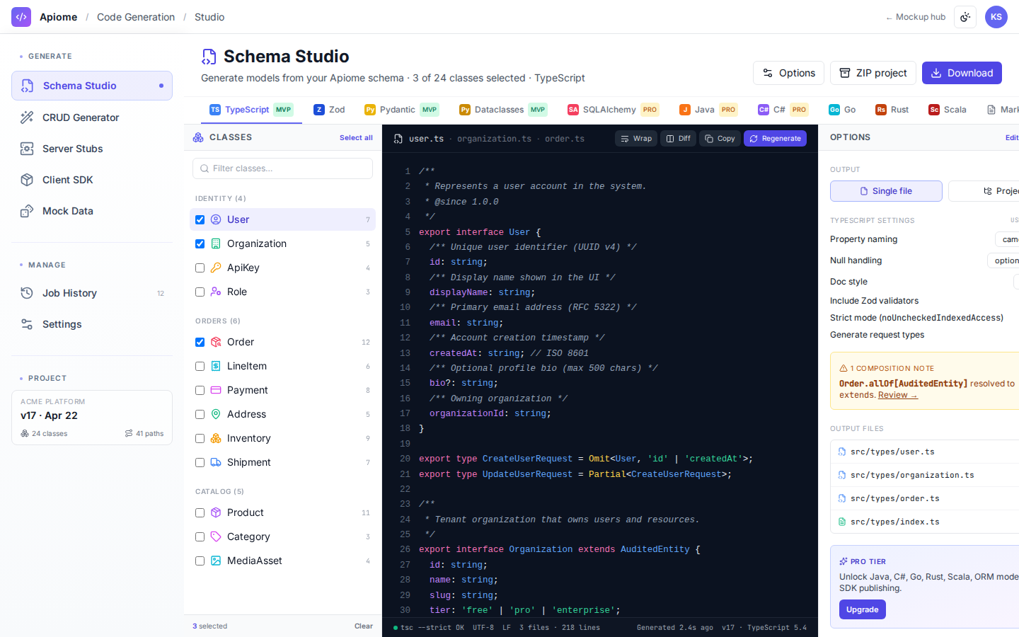 Apiome Code Generation preview