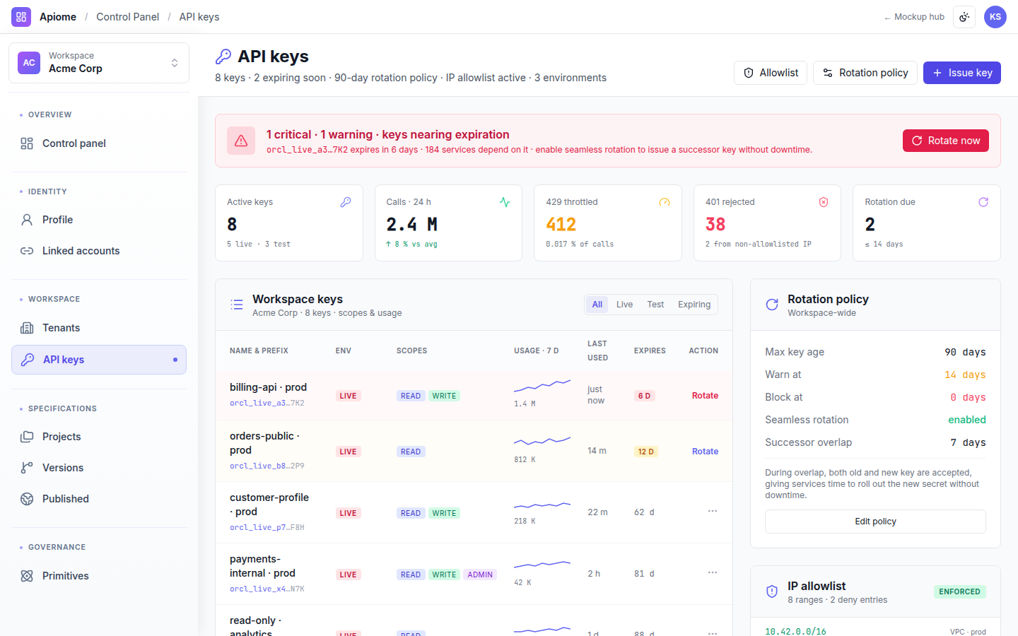 Dashboard — API key lifecycle