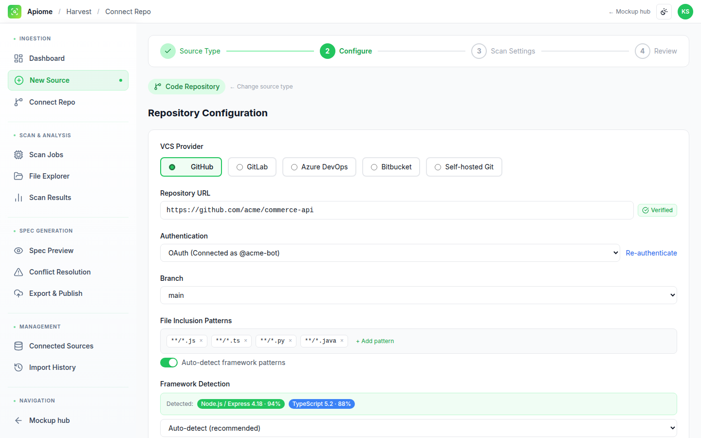 Harvest — Connect repo