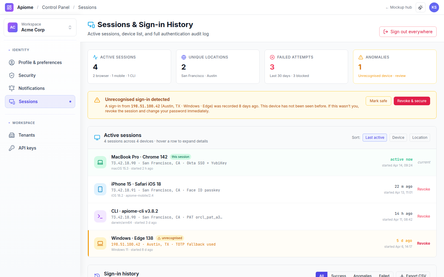 Profiles — Sessions and sign-in history